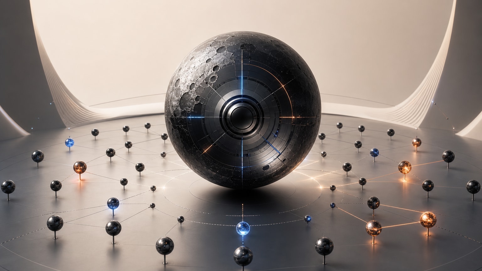 A monumental moonlike intelligence core surrounded by sparsely activated expert nodes, representing Kimi K3’s mixture-of-experts architecture.