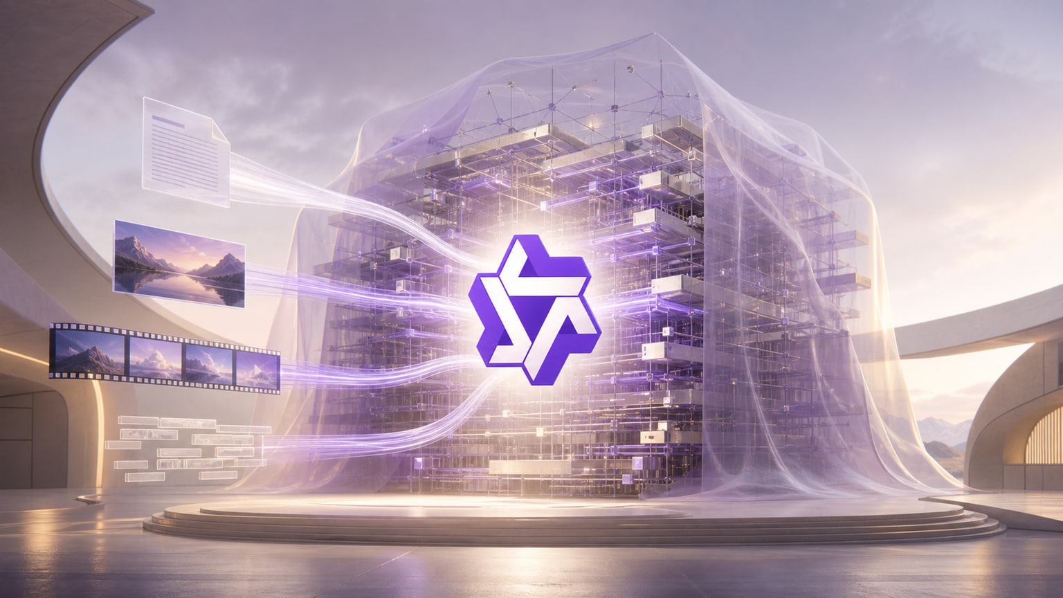 Qwen’s purple product mark in front of a vast, partially veiled multimodal compute lattice.